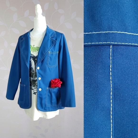 Vintage 70s Koratron Contrast Stitch Blazer Chore Jacket Koret Cerulean Blue Sm - Picture 16 of 16